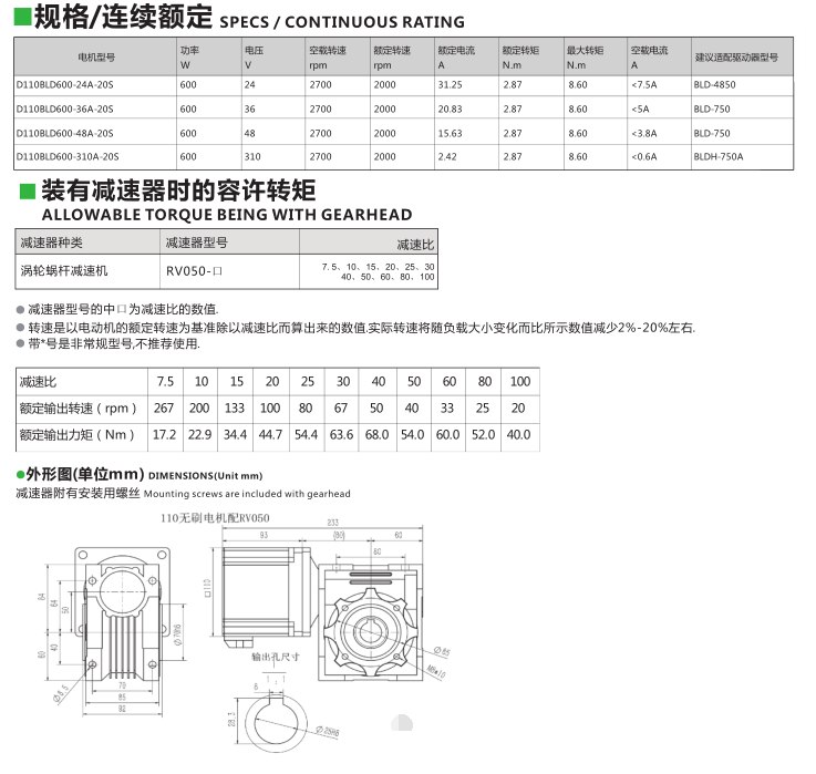 600W無(wú)刷電機(jī)規(guī)格